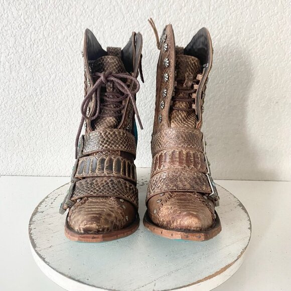 Lane SHOWDOWN Womens Cowboy Boots 8.5 Brown Short Western Cowgirl Lace-up Bootie - Picture 5 of 11